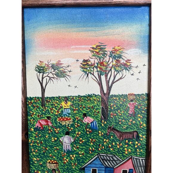 Edy Mirtyl Haitian Folk Artist Original Painting Village Harvesting Scene - Picture 2 of 11